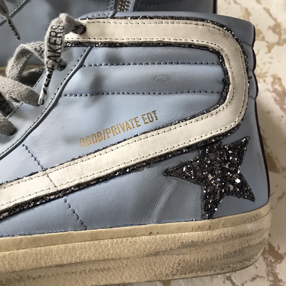 🏇Golden Goose Distressed Light Blue & Silver Hi-Top Sneakers - Picture 2 of 13